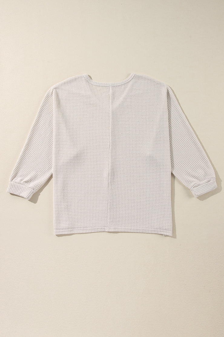 White Waffle Knit Side Slits Loose Fit V Neck Top