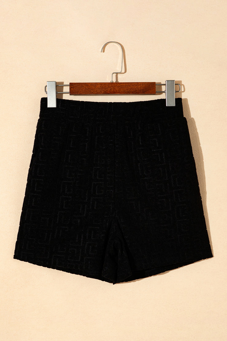 Black Solid Geometric Textured Loose Two Piece Shorts Set