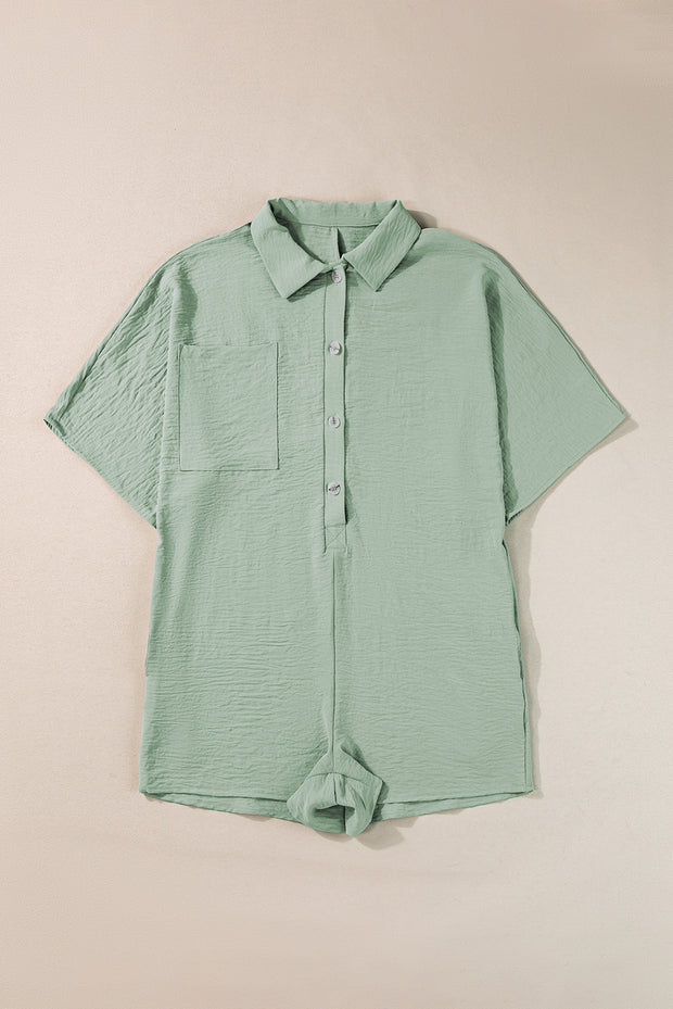 Spinach Green Half Button Collared Loose Romper