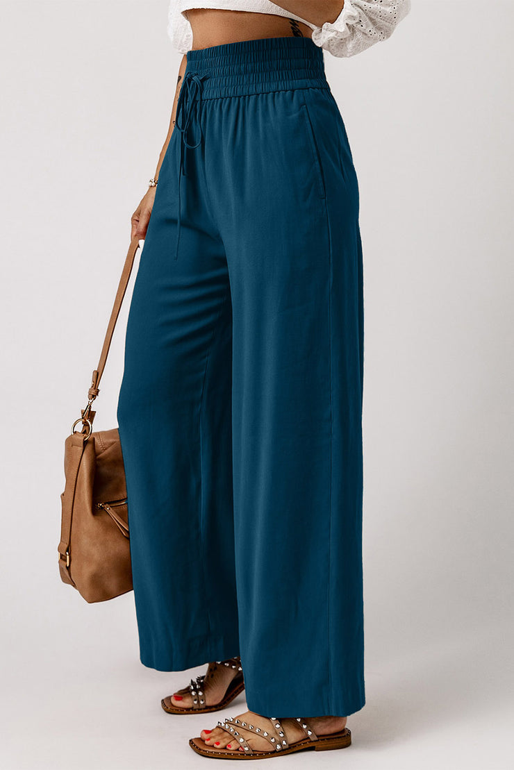 Blue Drawstring Elastic Waist Casual Wide Leg Pants