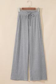 Gray Waffle Knit Drawstring High Waist Wide Leg Pants