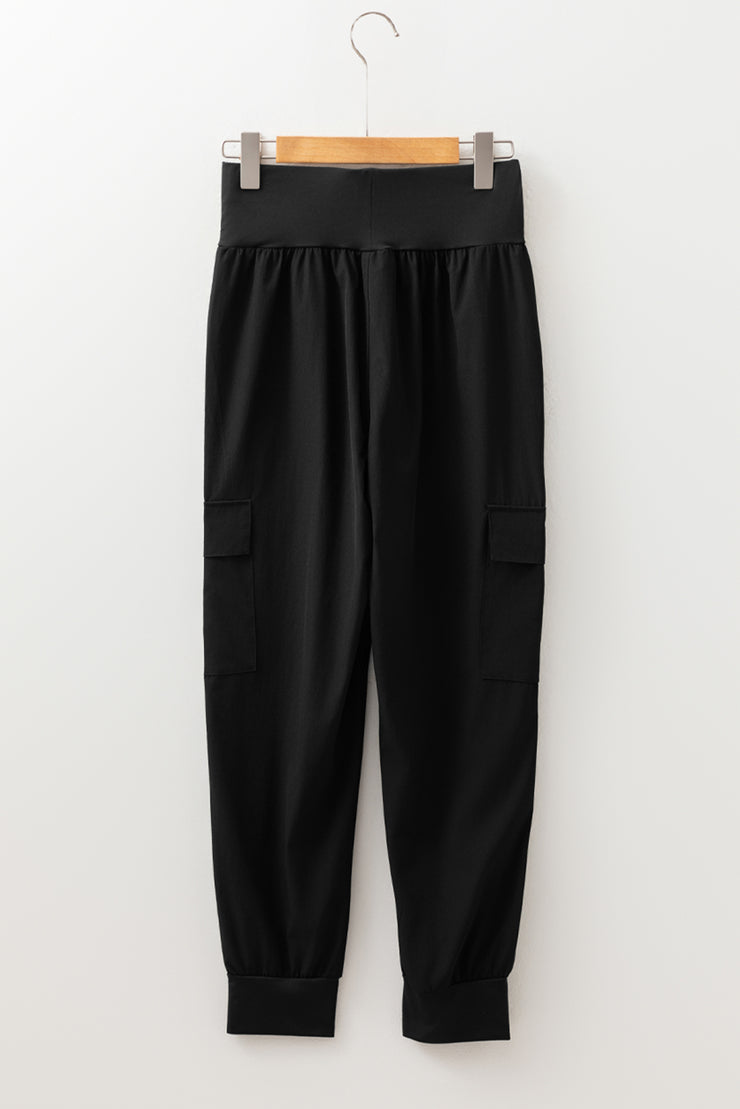 Black Elastic High Waist Pocketed Cargo Joggers