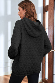 Black Solid Color Quilted Kangaroo Pocket Hoodie