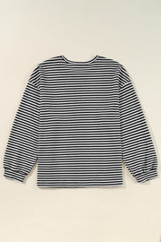 Black Stripe Drop Shoulder Puff Long Sleeve O Neck Plus Size T Shirt