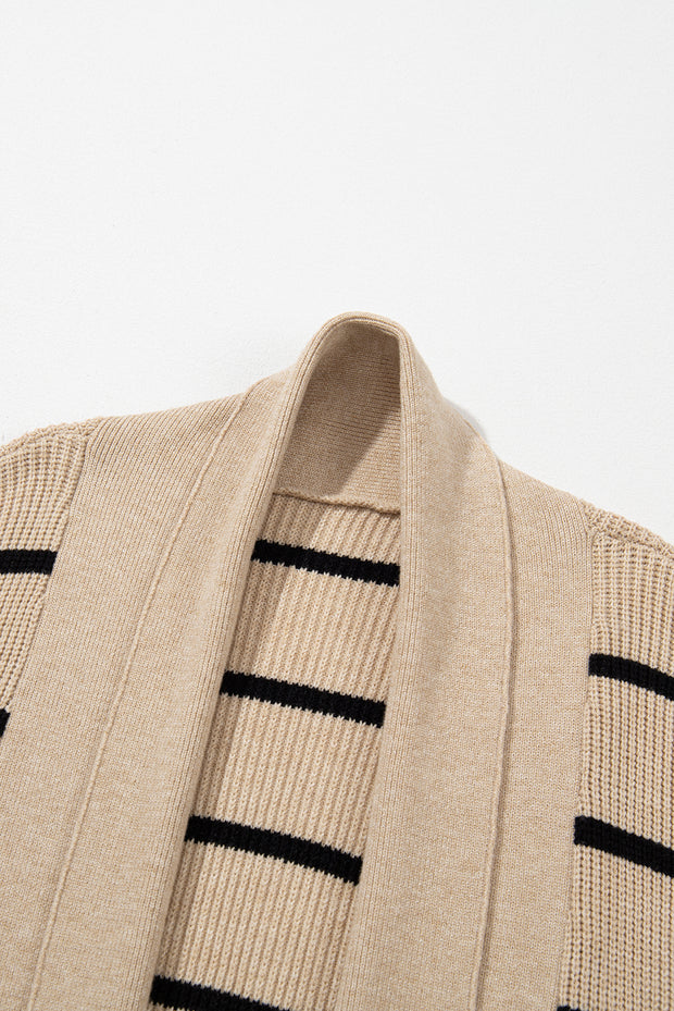 Black Stripe Shawl Neckline Open Cardigan with Pockets