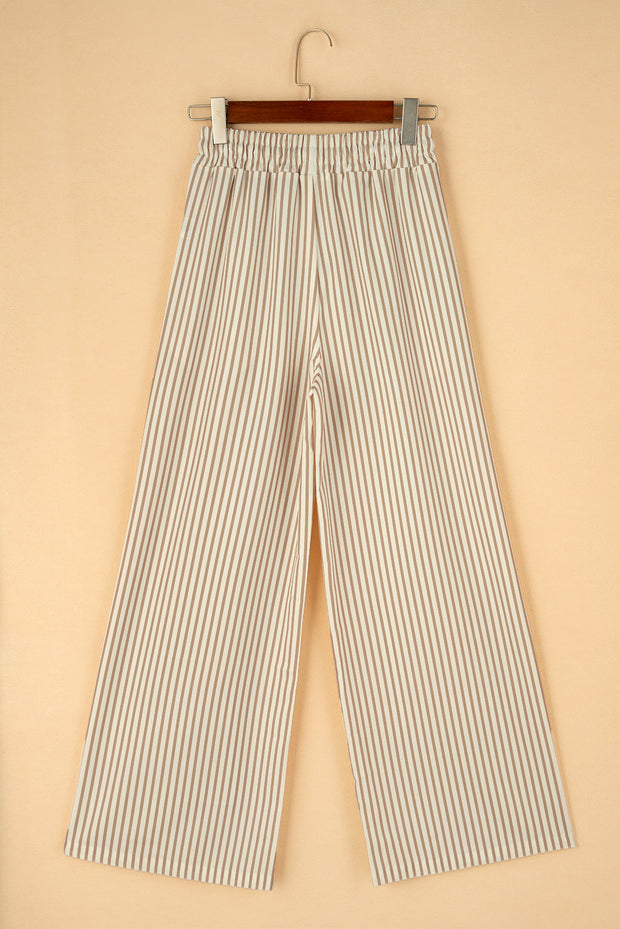 Khaki Stripe Print Wide Leg Drawstring Pants