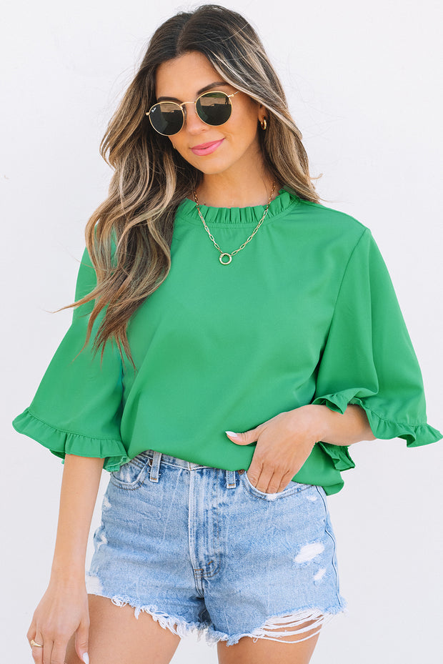 Green Frilly Round Neck Wide Half Sleeve Blouse