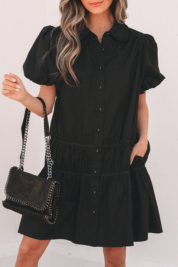 Black Puff Sleeve Ruffle Hem Dress