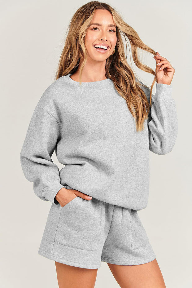 Light Grey Solid Pullover Sweatshirt and Shorts 2 Piece Set