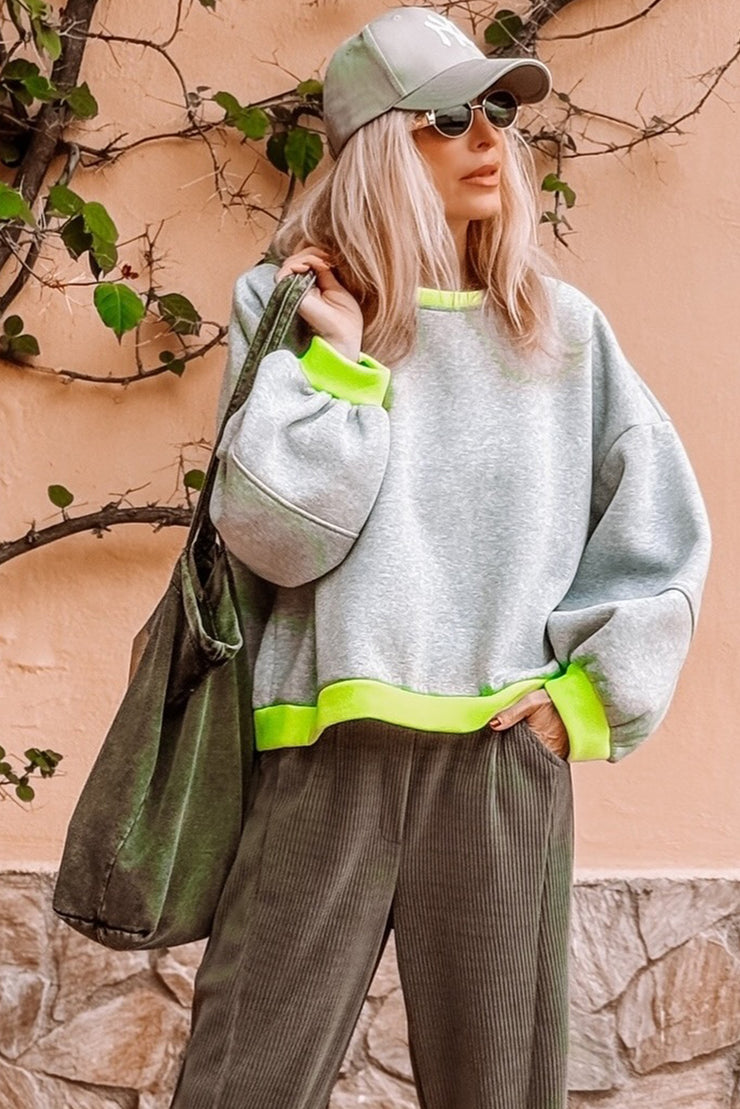 Light Grey Puff Sleeve Loose Sweatshirt