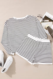 Black Stripe Textured 3/4 Sleeve Top and Shorts Set