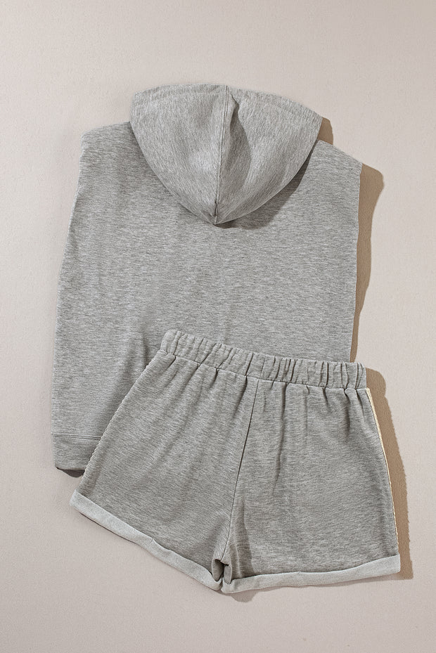 Gray Drawstring Sleeveless Hoodie and Shorts Set