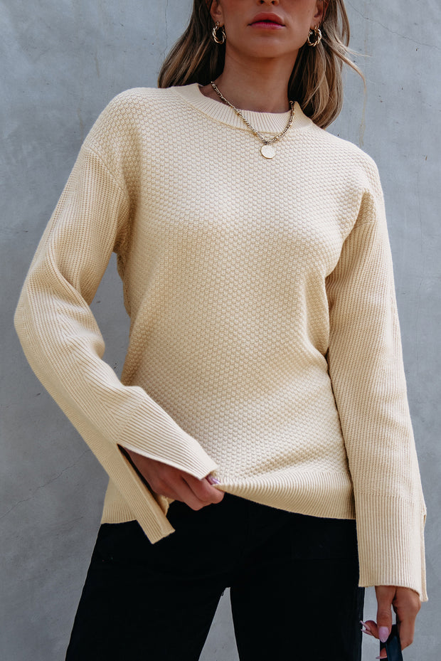 Parchment Solid Textured Knit Split Cuff Drop Shoulder Loose Sweater