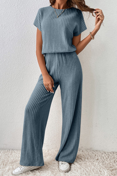 Dusk Blue Ribbed Keyhole Short Sleeve Wide Leg Jumpsuit
