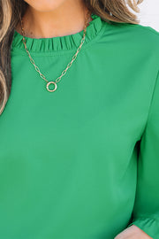 Green Frilly Round Neck Wide Half Sleeve Blouse