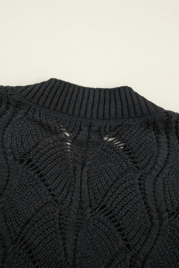 Black Hollow Out Knit V Neck Drop Shoulder Sweater