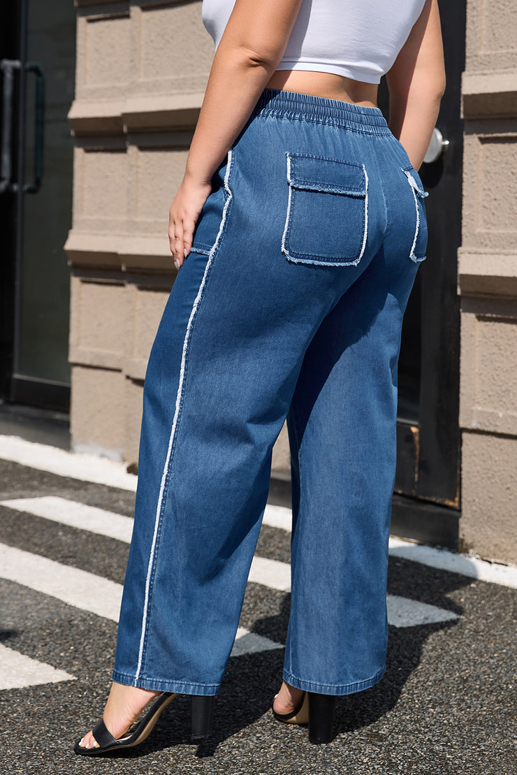 Sail Blue Washed Denim Chambray Loose Plus Size Pants