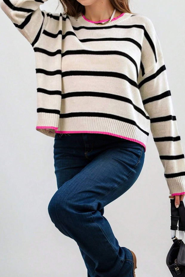 White Stripe Color Contrast Drop Shoulder Crew Neck Sweater