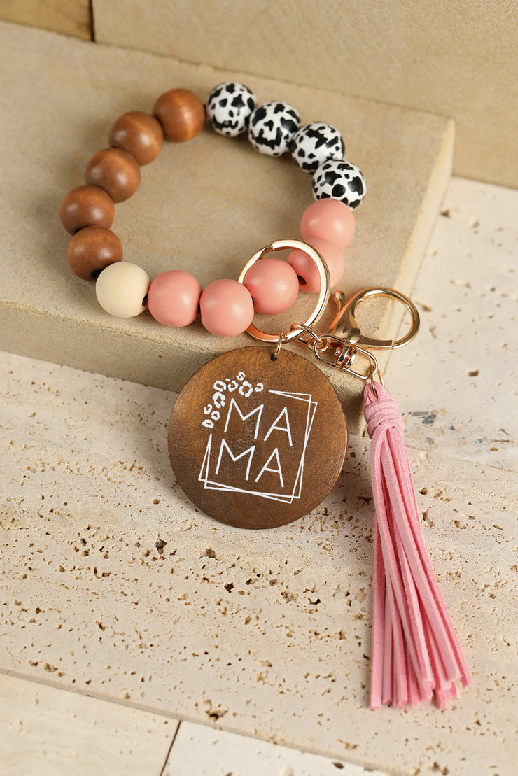 Pink MAMA Wood Pendant Leopard Fringe Keychain