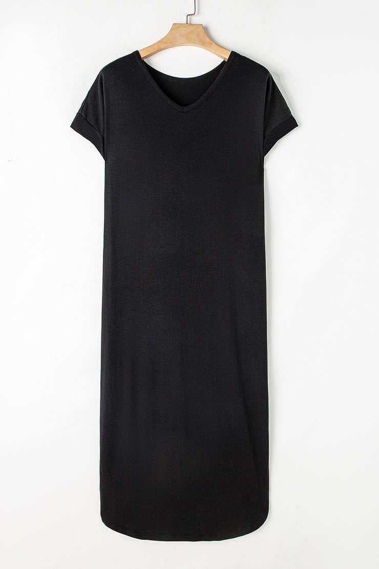 Black V Neck Hidden Pocket Splits Maxi T-shirt Dress