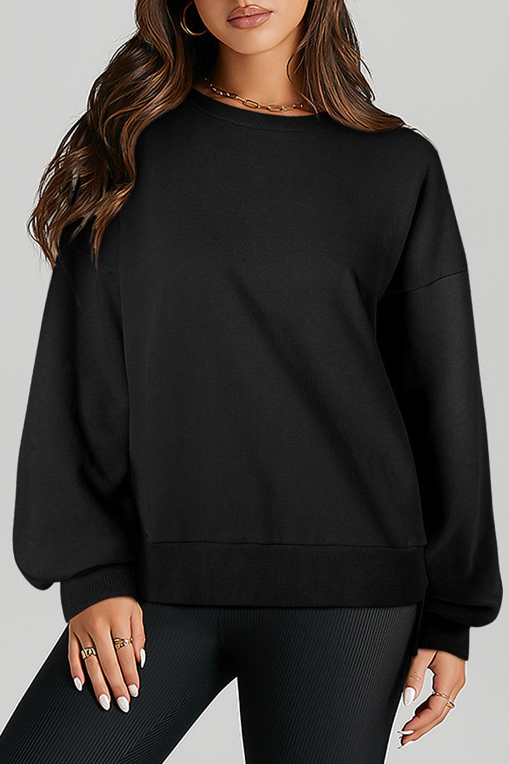 Black Solid O Neck High Low Hem Pullover Sweatshirt