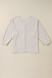 White Waffle Knit Side Slits Loose Fit V Neck Top