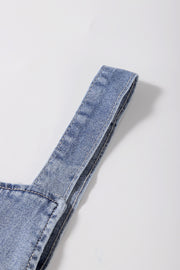 Stone Blue Washed Denim Half Buttons Patched Pocket Wide Leg Overalls