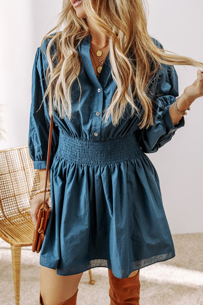 Blue 3/4 Sleeve Shirred High Waist Buttoned Mini Dress