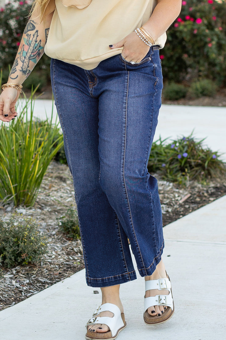 Navy Blue Plus Size Seamed Wide Leg High Waist Jeans