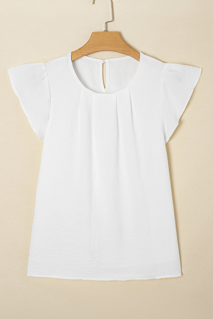 White Flounce Sleeve Pleated Textured Blouse