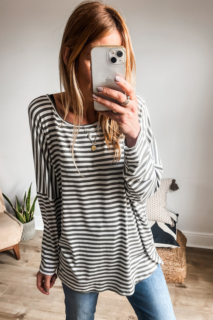 Gray Stripe Drop Sleeve Round Neck Oversized Long Sleeve Top