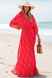 Orange Leafy Print 3/4 Sleeve V Neck Buttoned Split Maxi Dress