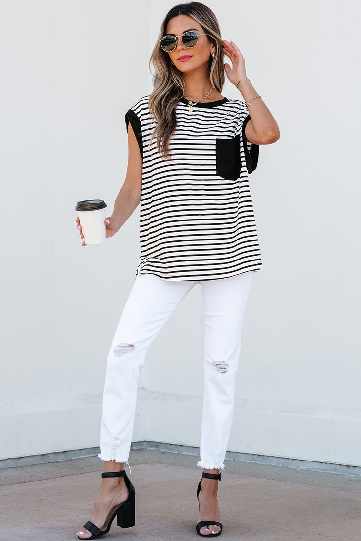 Black Stripe Chest Pocket Patch Round Neck Tank Top