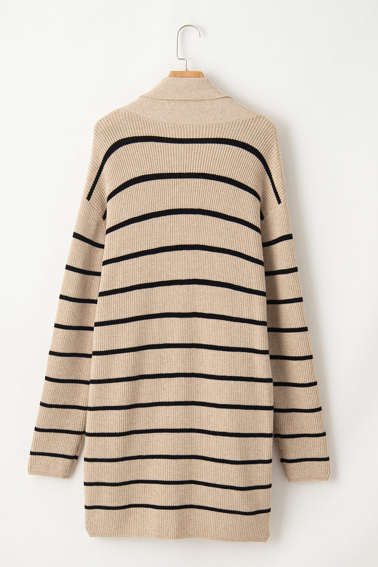 Black Stripe Shawl Neckline Open Cardigan with Pockets