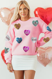 Pink Sequin Romantic Letters Heart Graphic Valentines Sweatshirt