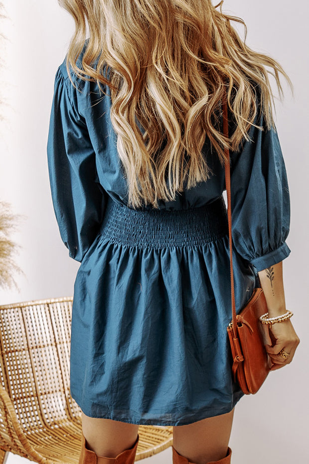 Blue 3/4 Sleeve Shirred High Waist Buttoned Mini Dress