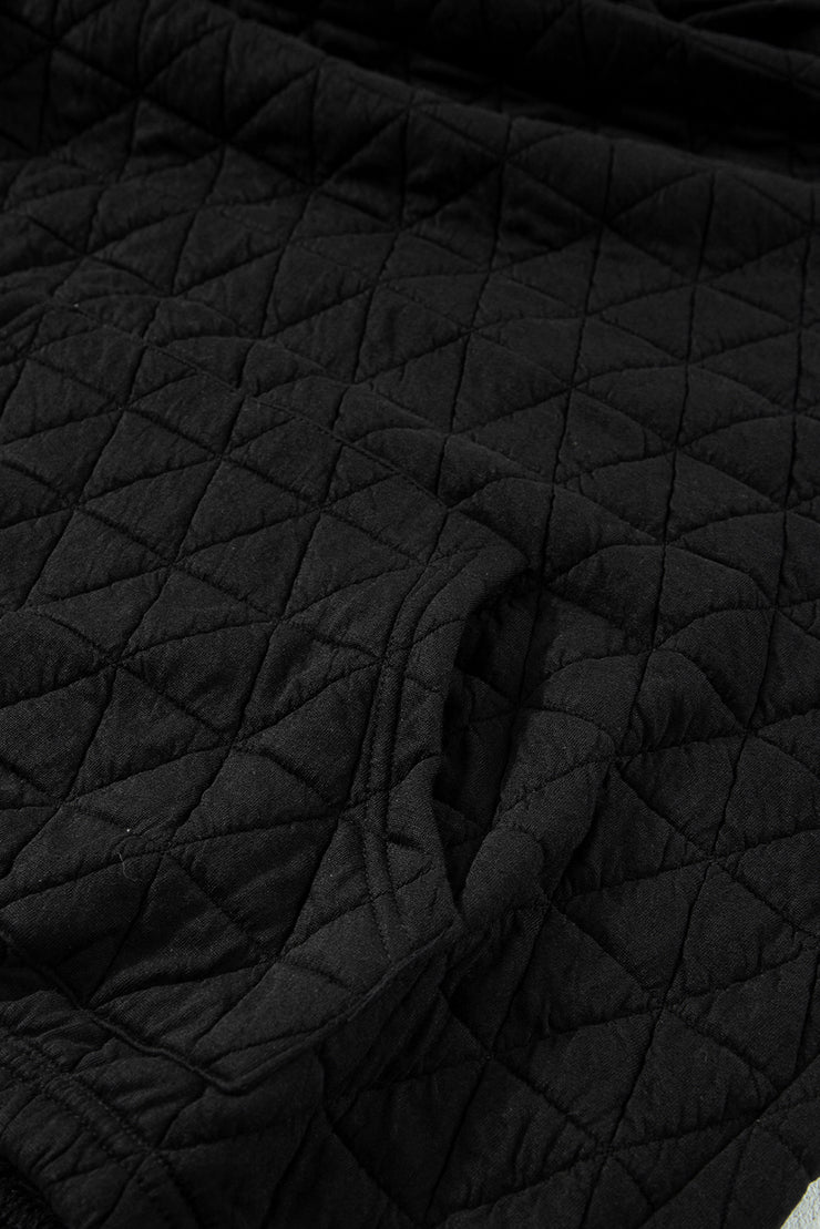 Black Solid Color Quilted Kangaroo Pocket Hoodie