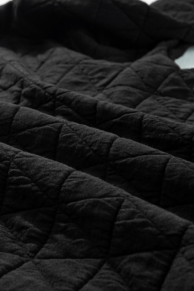 Black Solid Color Quilted Kangaroo Pocket Hoodie