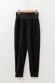 Black Elastic High Waist Pocketed Cargo Joggers