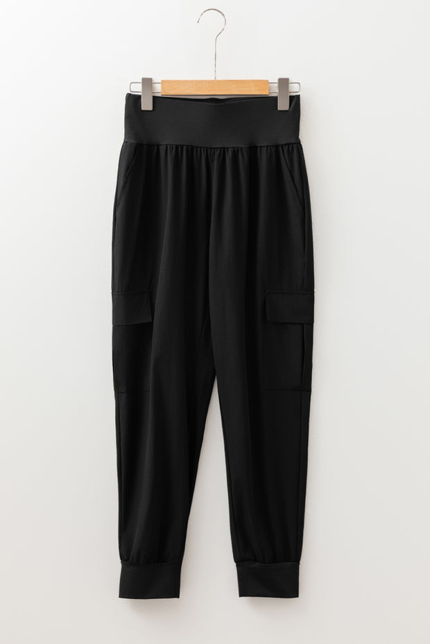 Black Elastic High Waist Pocketed Cargo Joggers
