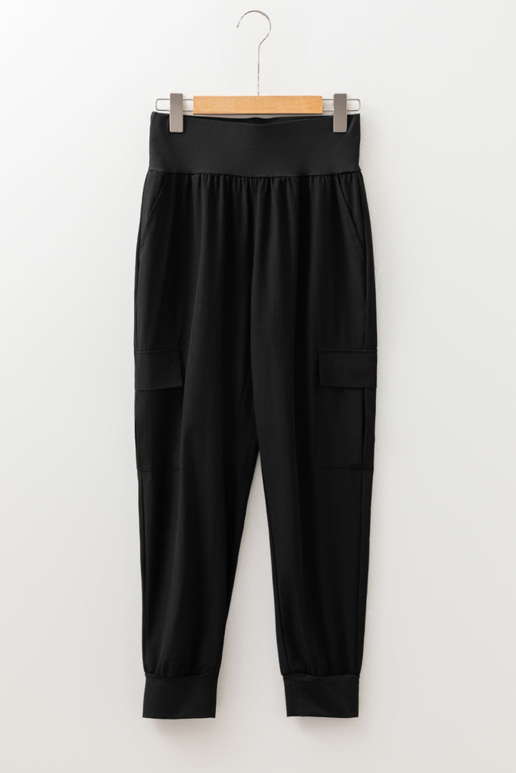 Black Elastic High Waist Pocketed Cargo Joggers