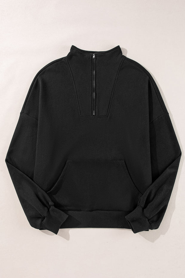 Black Zip-up Neck Kangaroo Pocket Sweatshirt