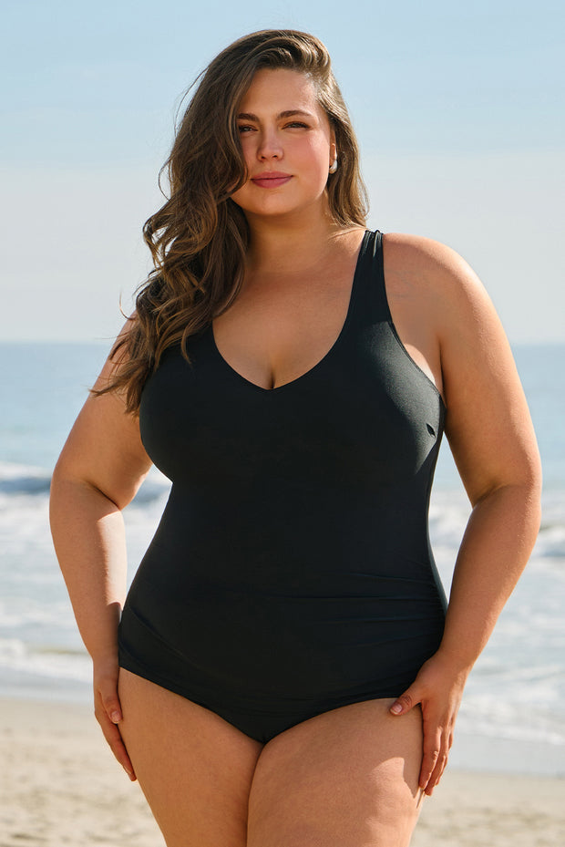 Black Solid Color U Neck Padded Plus Size One Piece Swimsuit