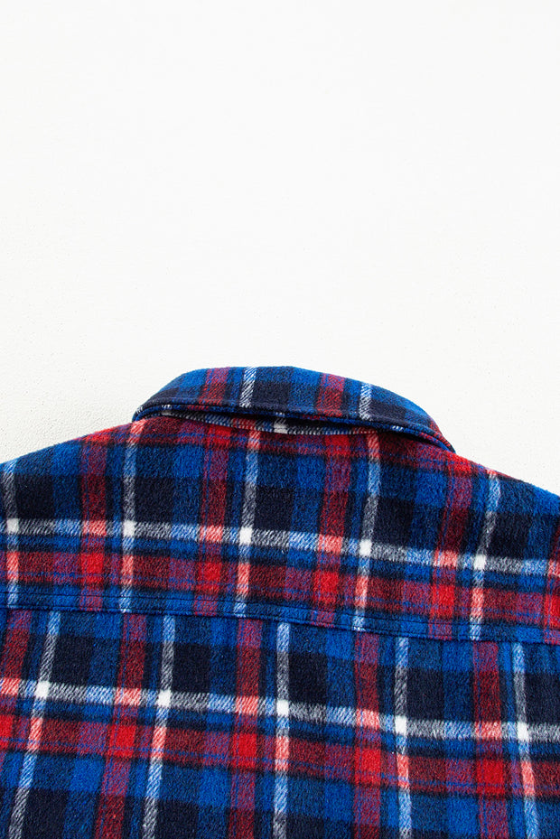 Navy Blue Plaid Flap Pocket Button Up Shacket