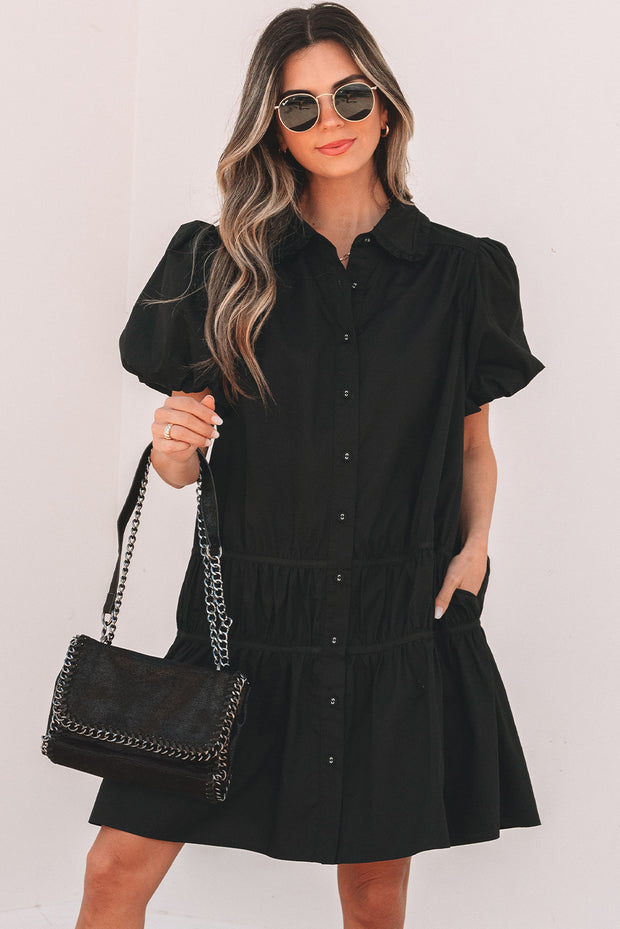 Black Puff Sleeve Ruffle Hem Dress