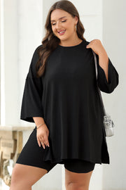 Color black Solid Color Loose Tunic Top and Slim Shorts Set