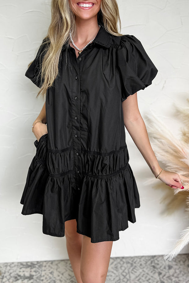 Black Puff Sleeve Ruffle Hem Dress