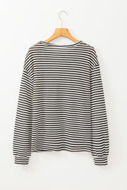 Black Stripe Round Neck Drop Shoulder Long Sleeve Top