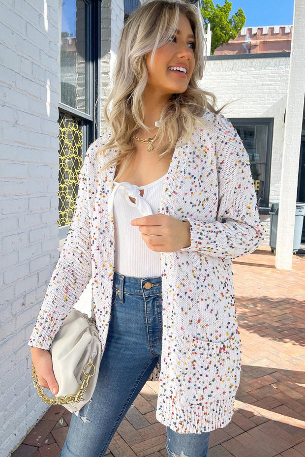 White Multicolor Dotted Rib Knit Long Sleeve Cardigan