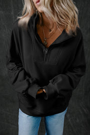 Black Zip-up Neck Kangaroo Pocket Sweatshirt